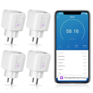 4er-Pack CNBINGO WLAN Smart Steckdose mit Strommessung, Funktioniert mit Alexa, Google Assistant, WiFi Mini Plug mit Zeitschaltuhr und Sprachsteuerung, Smart Home Steckdose Nur 2.4GHz WiFi, 16A
