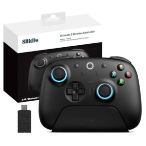 8Bitdo Ultimate 2 Kabelloser 2.4G Controller für PC&Android, TMR Joystick Update, Lange und Kurze Triggersperren, RGB-Feuerring, Kabellose 8Speed Technologie Gaming-Controller mit Ladestation, Schwarz
