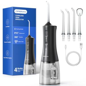 Operan Munddusche Kabellos, Tragbar Elektrische Zahndusche 4 Modi & 4 Düsen, 300ML Oral Irrigator Munddusche Testsieger für Entfernt Speisereste und Reinigt Die Zähne (Black, 1Pack)