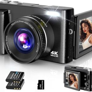 Digitalkamera,4K 48MP Fotokamera Autofokus mit 32G Karte, Vlogging Kamera mit 3 Zoll 180° Flip-Bildschirm und UV Linse,Kompaktkamera für Teenager Anfänger Erwachsene